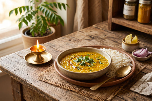 A warm bowl of home-cooked dal and rice on a wooden table, next to a small flame symbolising Ayurvedic digestive fire