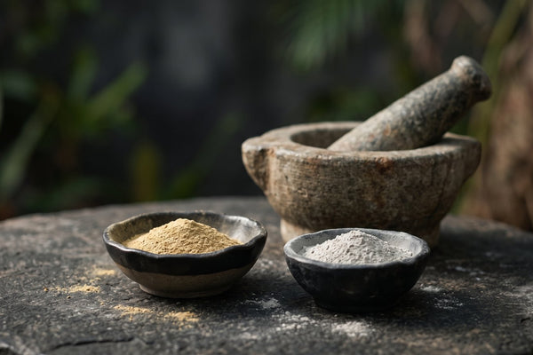 Fine gold and silver ash powders in small bowls beside a traditional stone mortar, representing Bhasma preparations in Ayurveda
