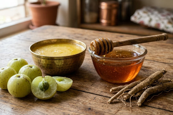 A warm bowl of ghee and a golden drop of honey beside fresh amla and ashwagandha root on a wooden table, symbolising Ojas, the Ayurvedic essence of vitality