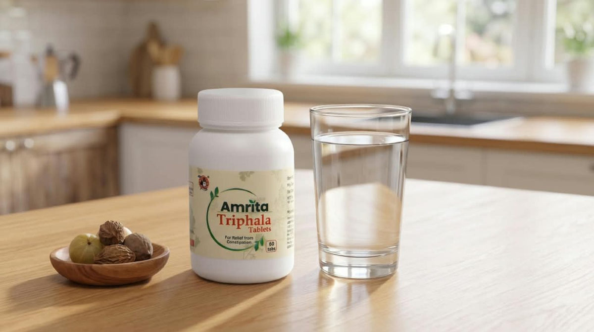 Triphala powder with a glass of water showing how to take Triphala