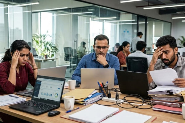 Three coworkers reacting differently to the same work deadline in an office