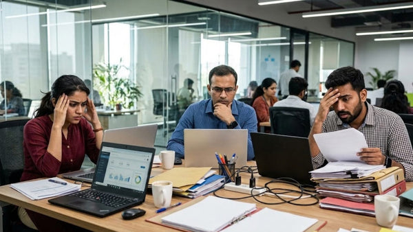 Three coworkers reacting differently to the same work deadline in an office